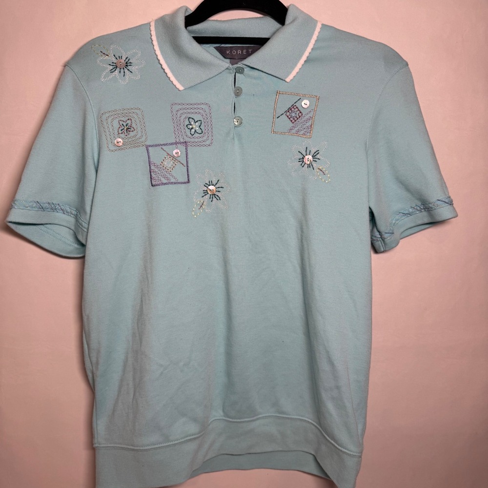 Vtg Koret Womens Small Blue Embroidered Grandma Flower‎ Polo Shirt Short Sleeve